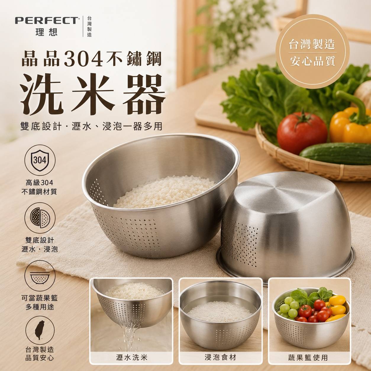 PERFECT 理想 晶品304不鏽鋼洗米器｜台灣製雙底面洗米盆｜洗米・瀝水・浸泡・洗蔬果一器多用