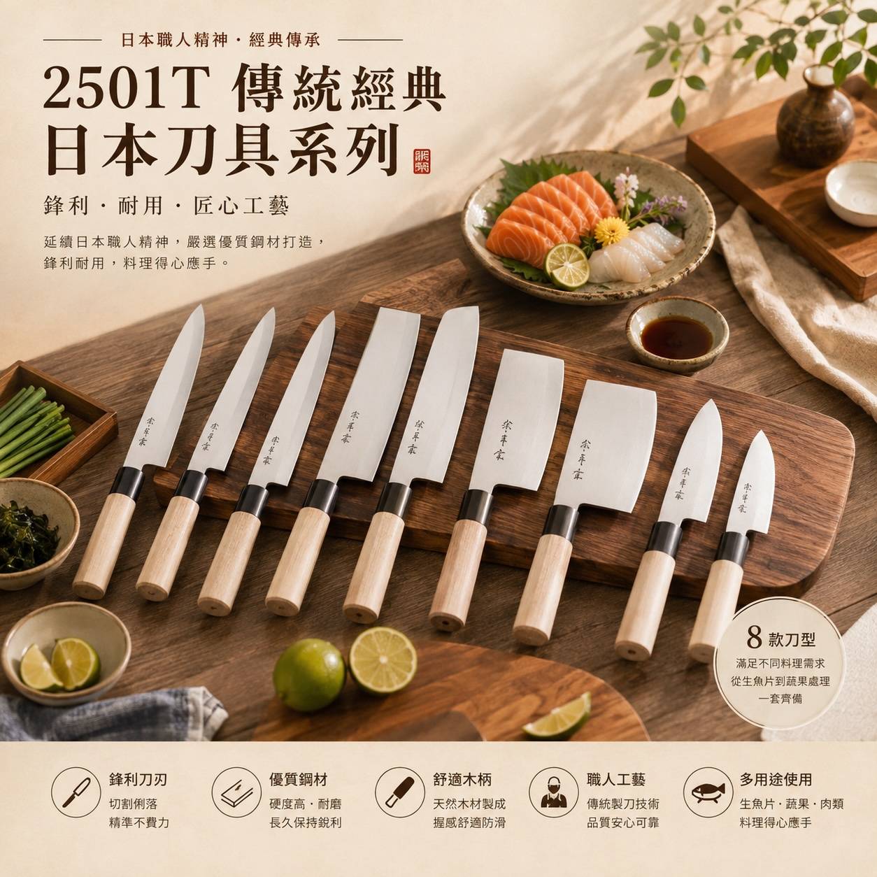 2501T 傳統經典日本刀具系列 生魚片刀・薄刃蔬果刀・三德刀・出刃刀 日式料理｜刺身處理｜魚料理｜專業廚房刀具