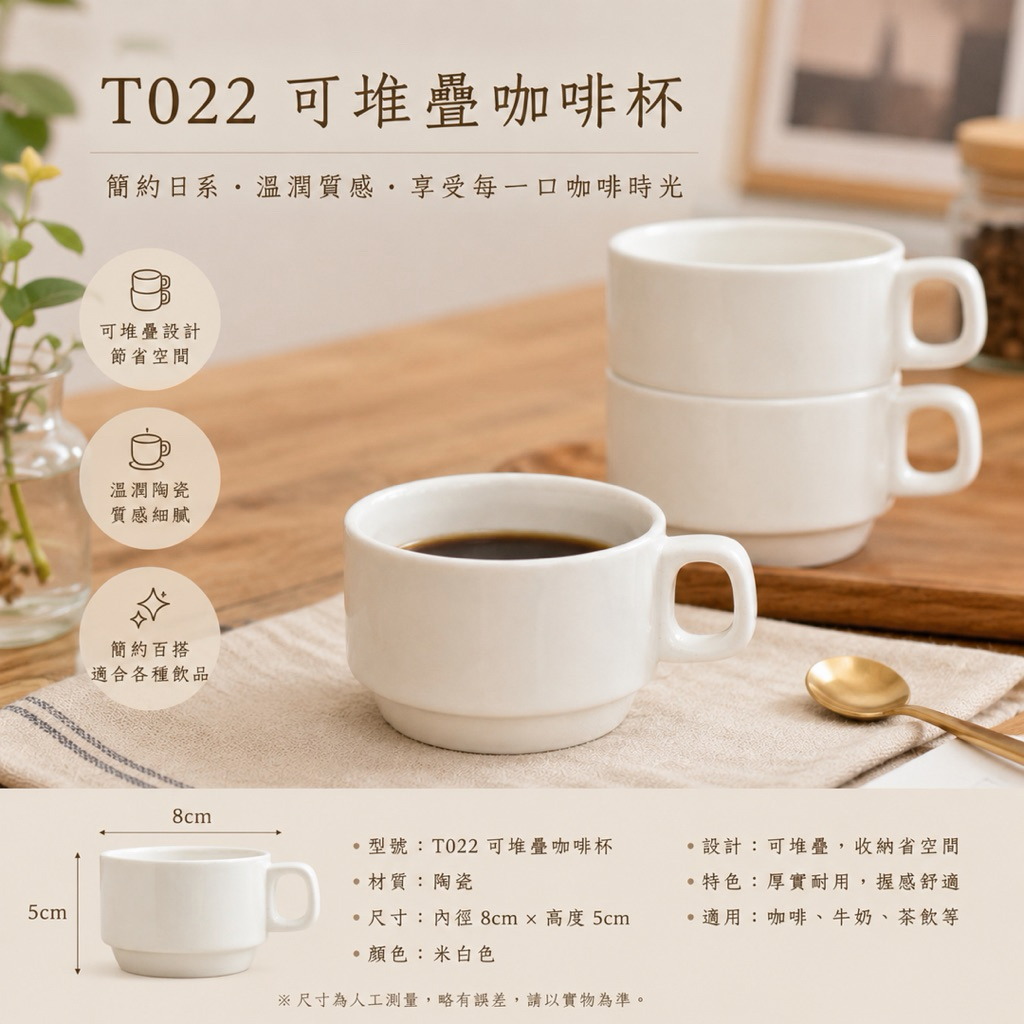 T022 可堆疊陶瓷咖啡杯 210cc｜米白色簡約咖啡杯