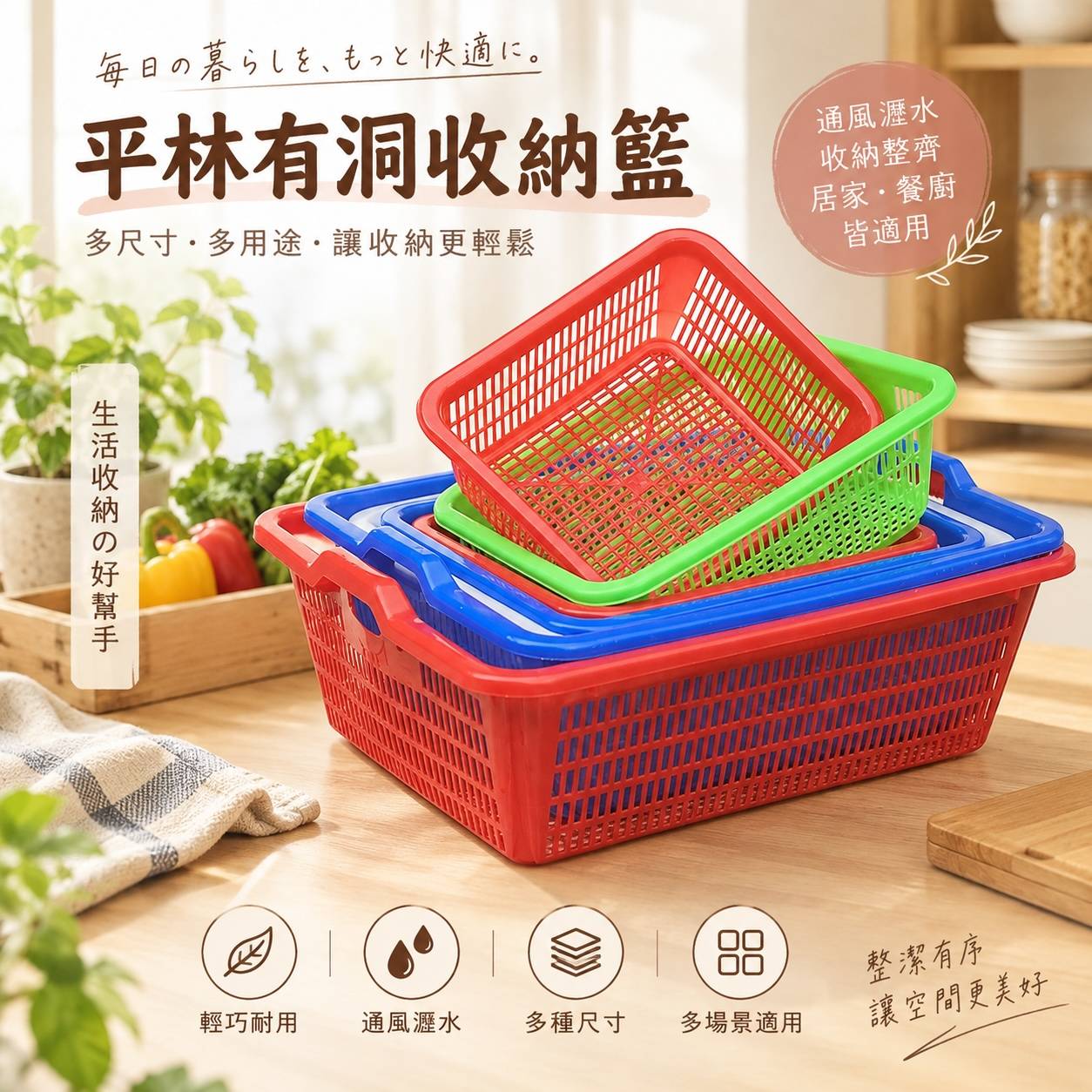 平林有洞收納籃｜公文林 公文籃 塑膠收納籃 瀝水籃 洗菜籃 餐具籃｜餐廳廚房商用收納｜285～650 多尺寸