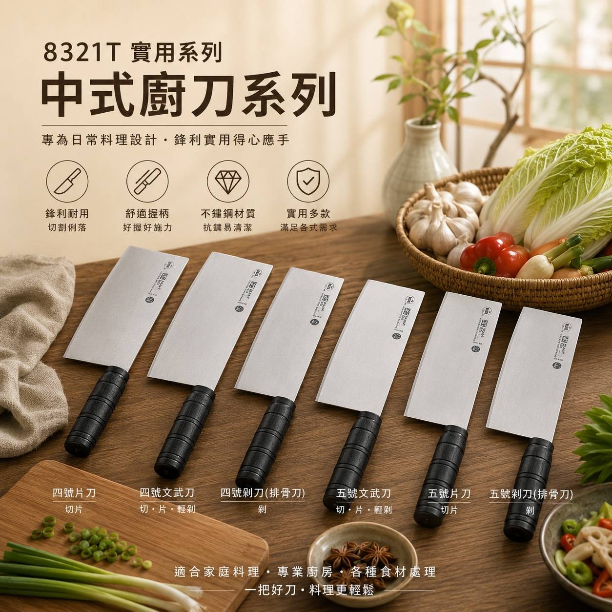 8321T 實用系列中式廚刀 四號片刀・四號文武刀・四號剁刀・五號文武刀・五號片刀・五號剁刀 切片｜切菜｜剁切｜中式料理備料