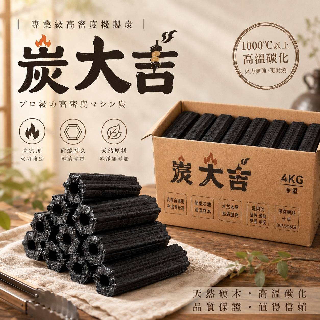 炭大吉 高密度機製炭 4KG｜六角中空炭精｜1000°C以上高溫碳化｜耐燒6小時以上｜燒烤・露營・餐飲營業用