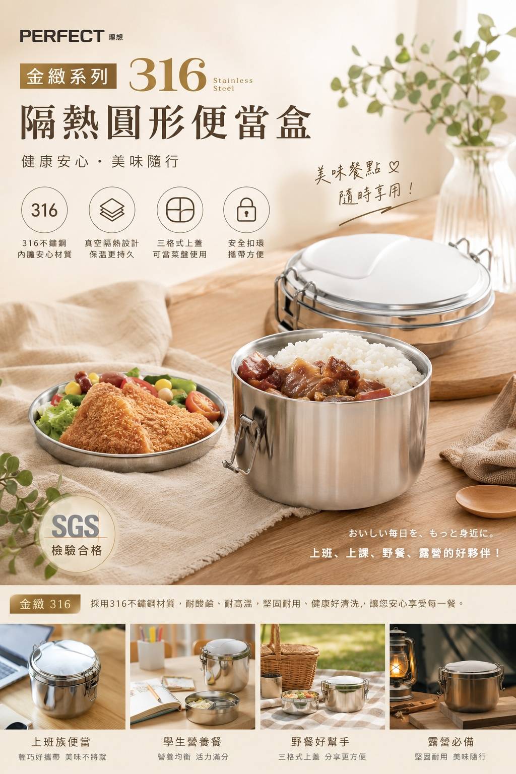 PERFECT 理想 金緻316隔熱圓形便當盒｜316不鏽鋼便當盒｜真空隔熱餐盒｜學生・上班・露營餐盒