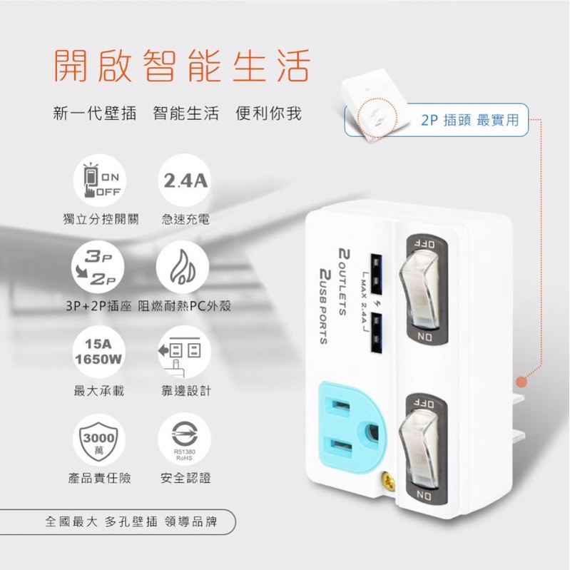 PB-863U 2USB+2插節能分接插座