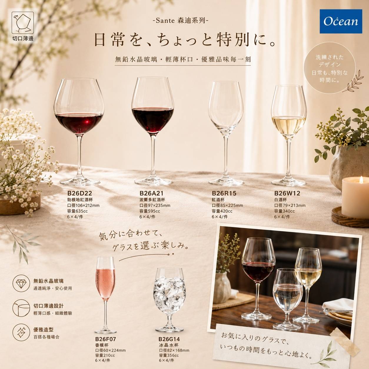 Ocean Sante 森迪系列｜無鉛水晶玻璃杯｜紅酒杯｜白酒杯｜香檳杯｜冰晶水杯｜切口薄邊高腳杯｜餐廳飯店宴會酒杯