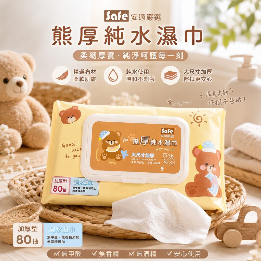 Safe 安適嚴選 熊厚純水濕巾 80抽｜加厚型大尺寸濕紙巾｜純水無香精無酒精｜寶寶嬰兒居家外出適用